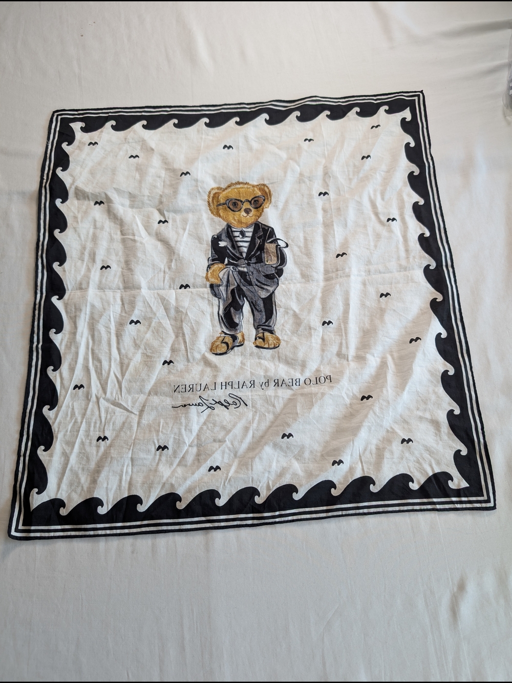 Ralph Lauren Bear Print Cotton Scarf in White, Black & Gold
